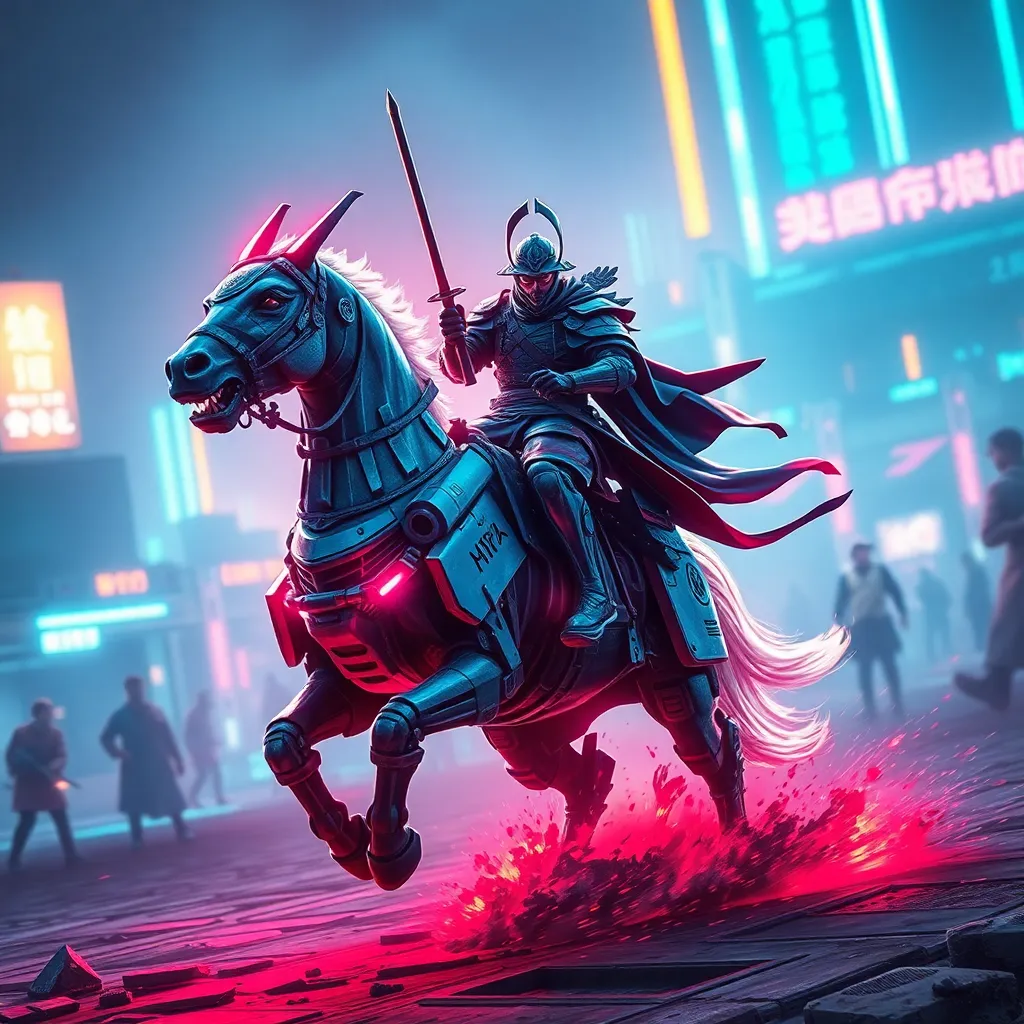 A knight in black armor rides a horse through a neon-lit futuristic city at night, with pink and blue hues.