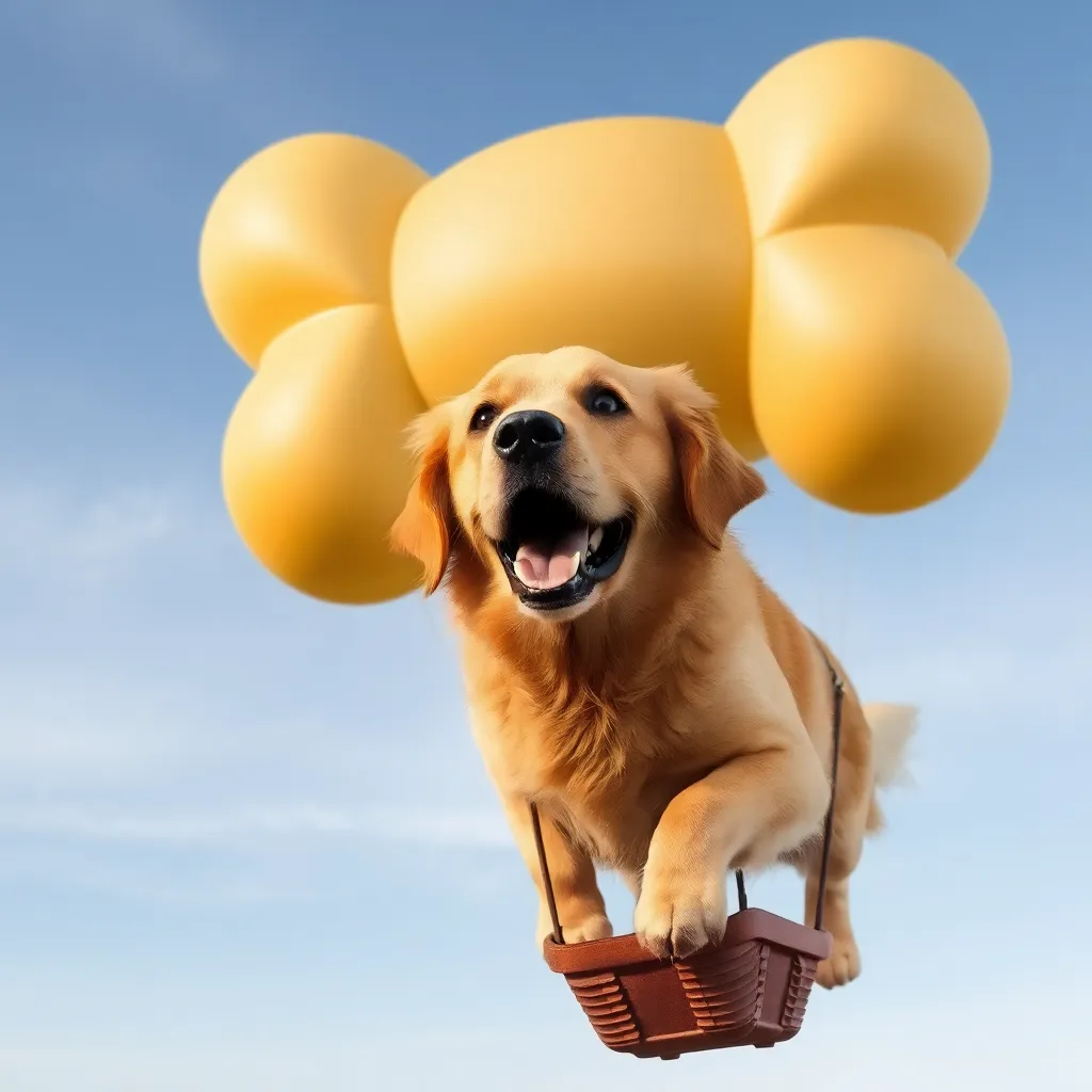 A golden retriever dog floats in a blue sky, held aloft by yellow balloons shaped like a dog bone.