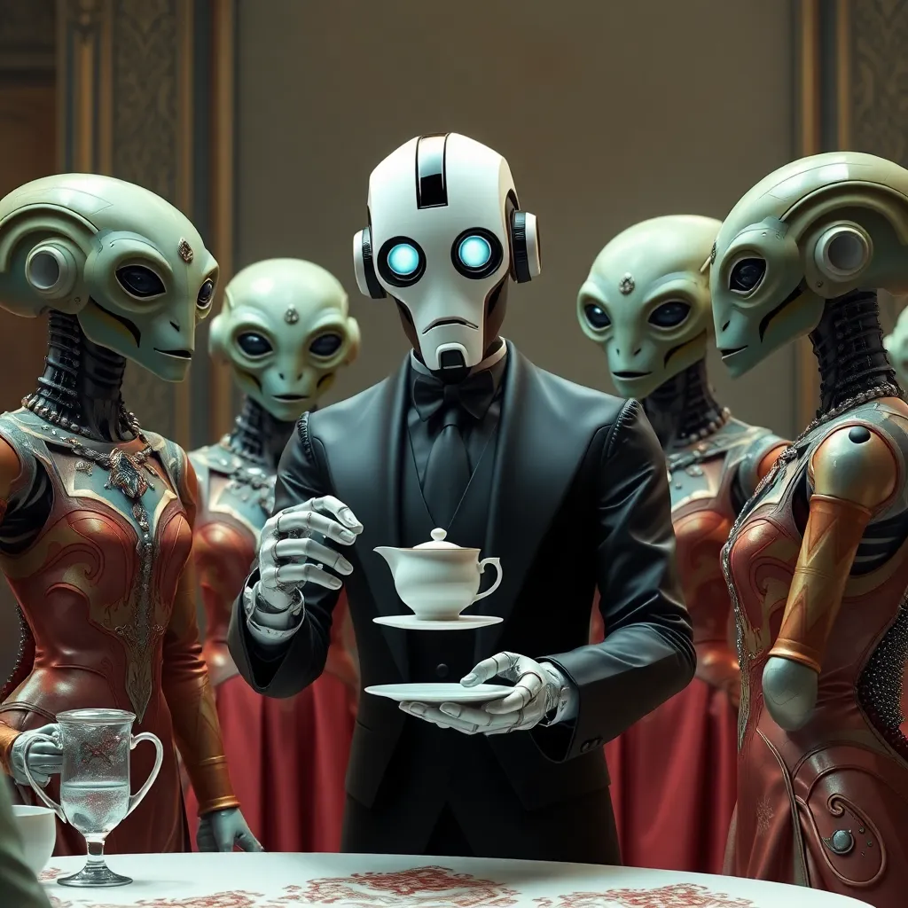 A group of grey aliens in suits stand around a table, one holding a teacup, in a warmly lit, elegant room.