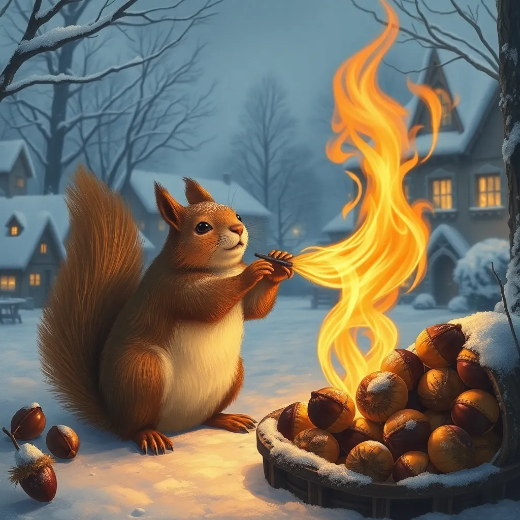 A squirrel sits by a campfire in a snowy landscape, roasting nuts in a bowl of flames.