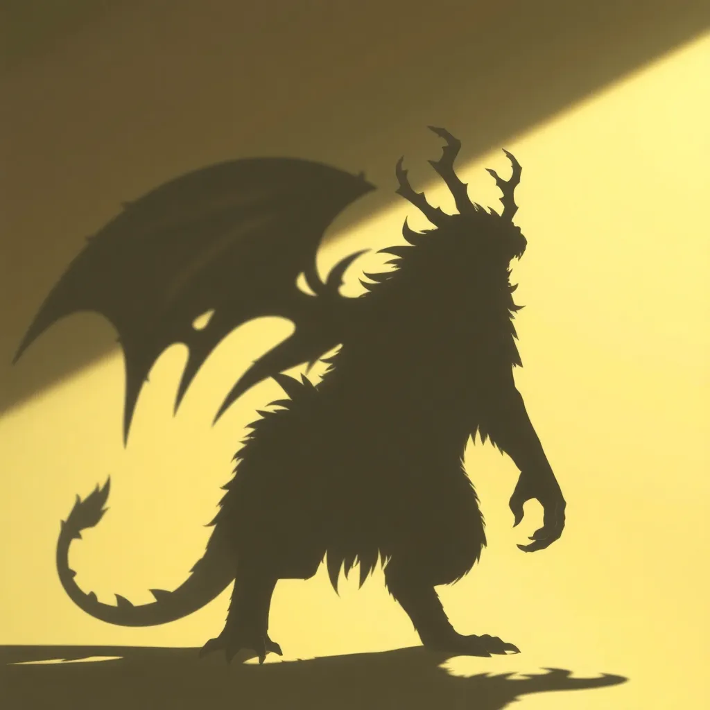 Digital art of a yellow background with the silhouette of a large, monstrous figure with horns and wings, casting a shadow.