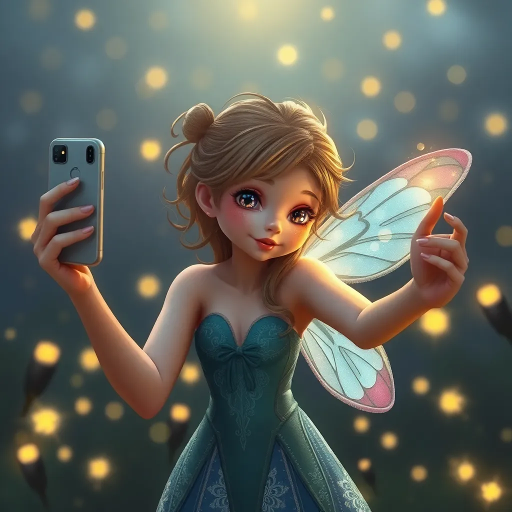 Digital illustration of a young fairy with wings, taking a selfie with her phone, with a dreamy, sparkling background.