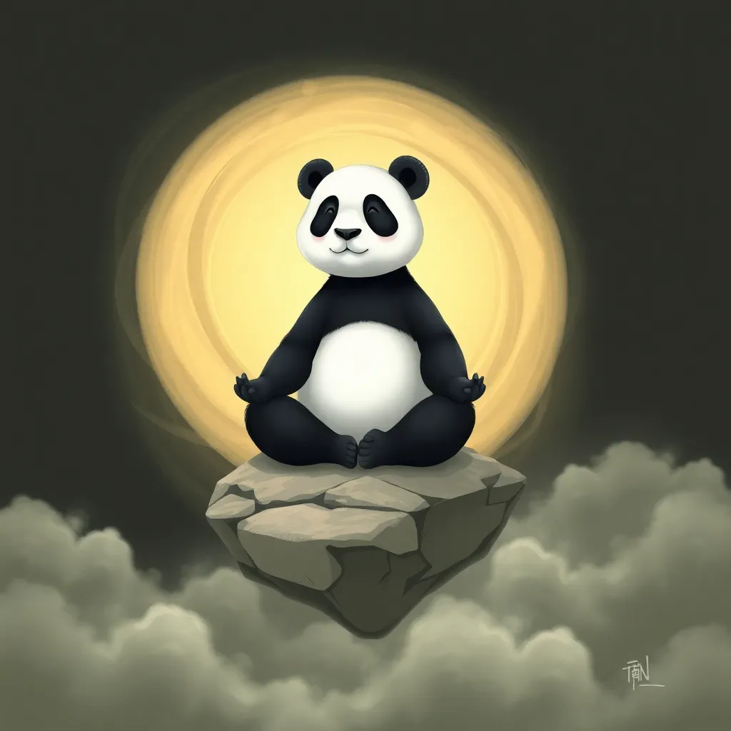 Digital painting of a panda sitting on a rock in front of a large, glowing full moon in a dark sky with clouds.