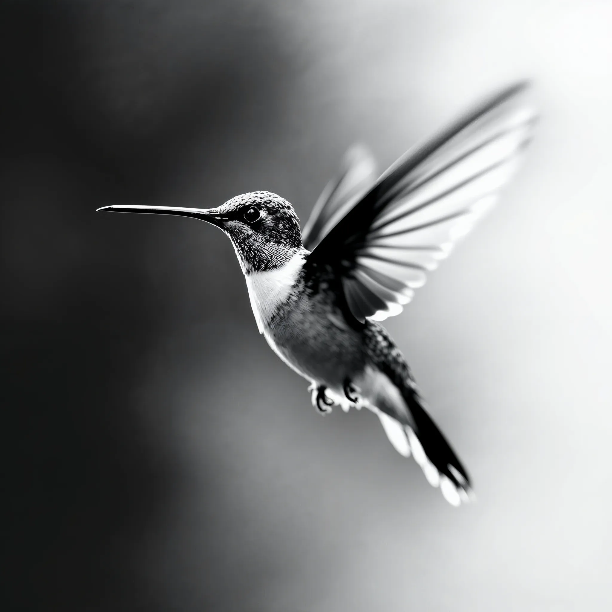 Black and white photograph of a hummingbird in mid-flight, wings blurred, against a dark background.