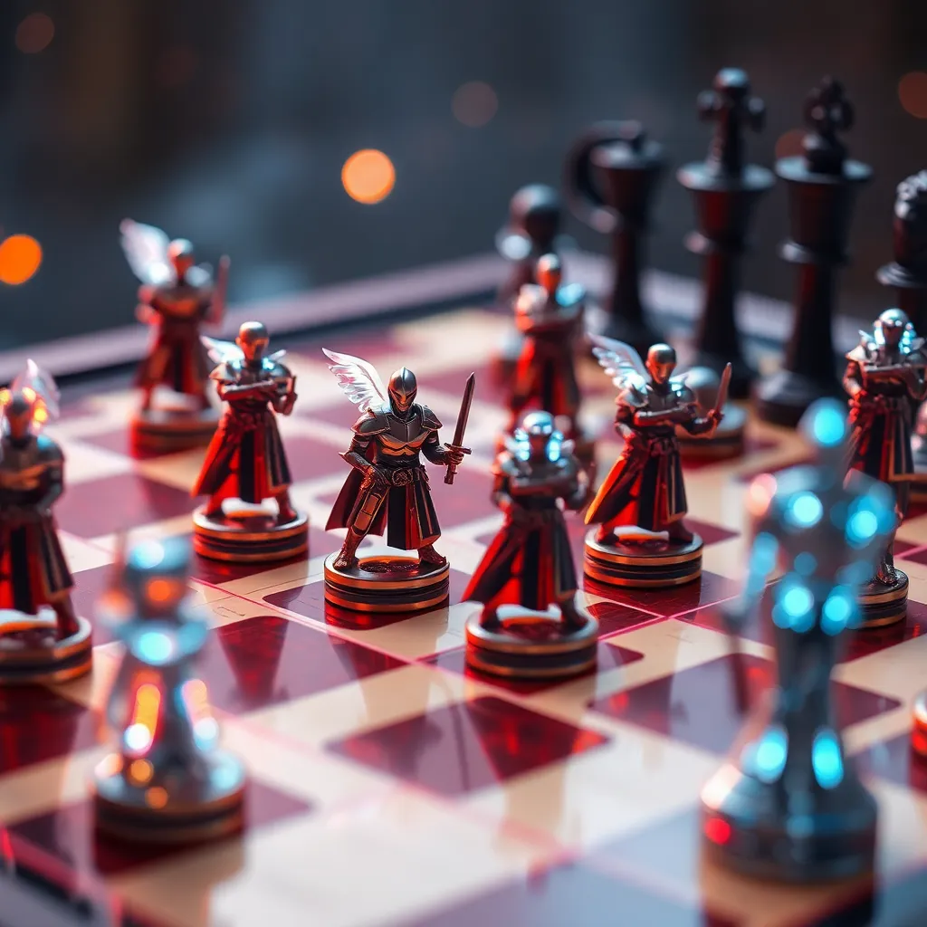 Digital photograph of a chessboard with chess pieces in the middle of a game, with a shallow depth of field and a blurred background.