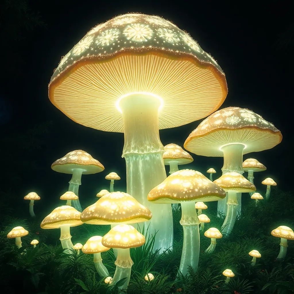 A cluster of glowing mushrooms of various sizes, with light emanating from beneath their caps, against a dark background.