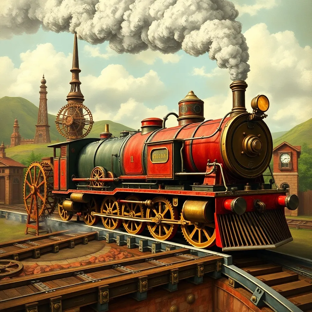 Digital painting of a vintage red and black steam train billowing smoke, traveling through a green and misty landscape with a castle in the background.