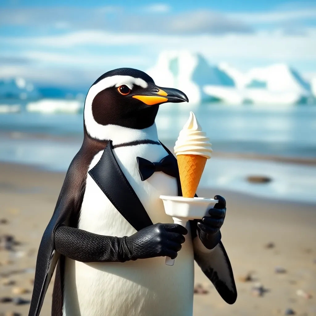 A penguin wearing a tuxedo and holding an ice cream cone on a beach with other penguins in the background.