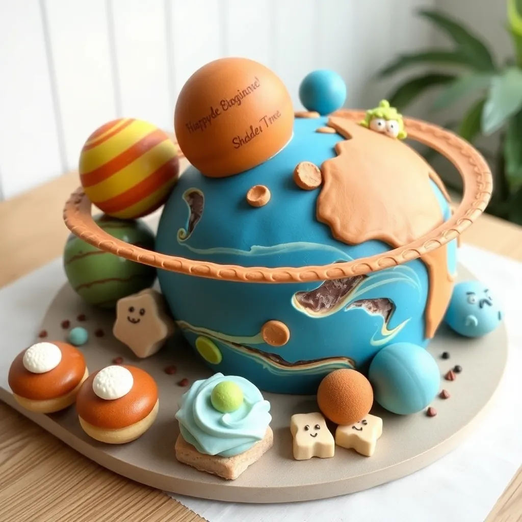 A whimsical, globe-shaped cake decorated with blue frosting, edible continents, and small animal figurines.