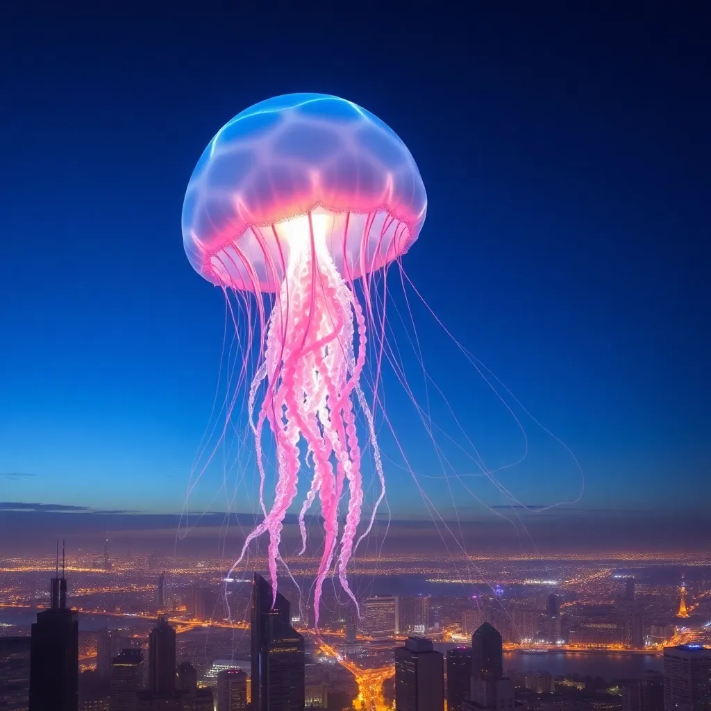 A jellyfish with a glowing blue and pink bell, floating above a cityscape at night.