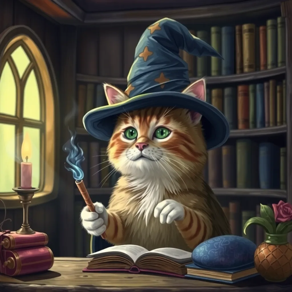 A tabby cat wearing a purple wizard hat and glasses, holding a magic wand and sitting amongst books.