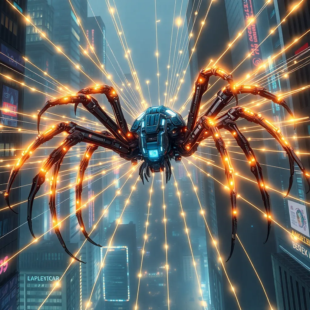 A large, blue and red spider with glowing eyes and intricate markings, surrounded by sparkling lights.