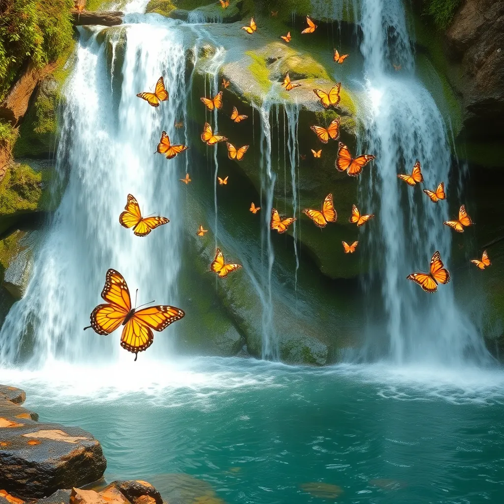 A waterfall cascading down rocks, with many orange butterflies flying around it.