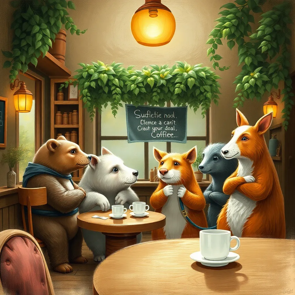 A group of cartoon animals - a bear, a polar bear, a dog, and a squirrel - sitting at a table in a cozy cafe.