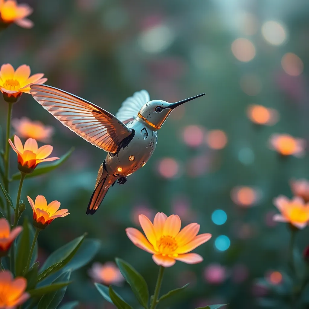 A hummingbird hovering in mid-air, surrounded by colorful flowers and sparkling lights.