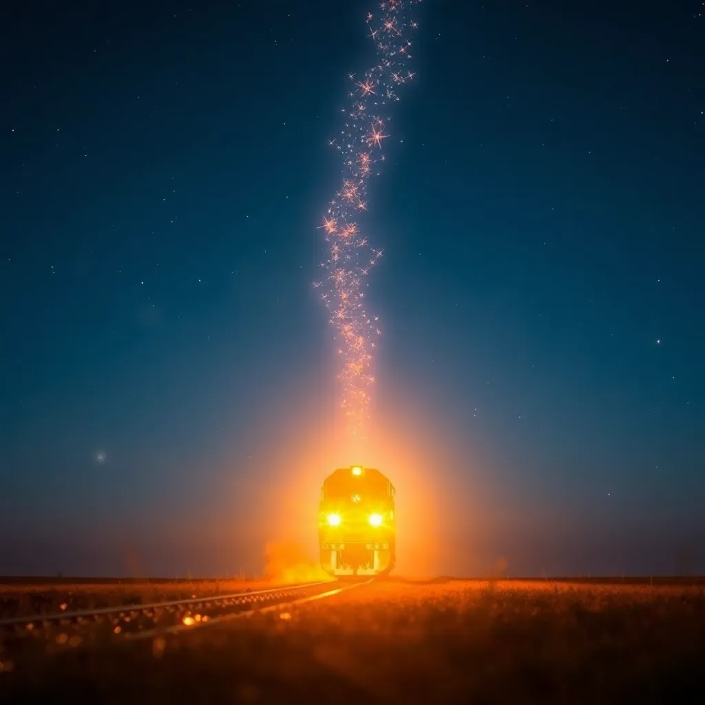 A small house glowing with warm light sits in a field at night, with a beam of light shooting up into the starry sky.