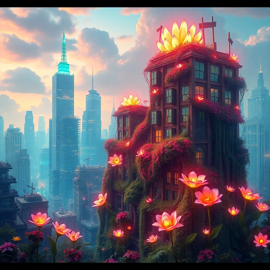 A tall building covered in lush greenery and glowing flowers, with a cityscape in the background at dusk.