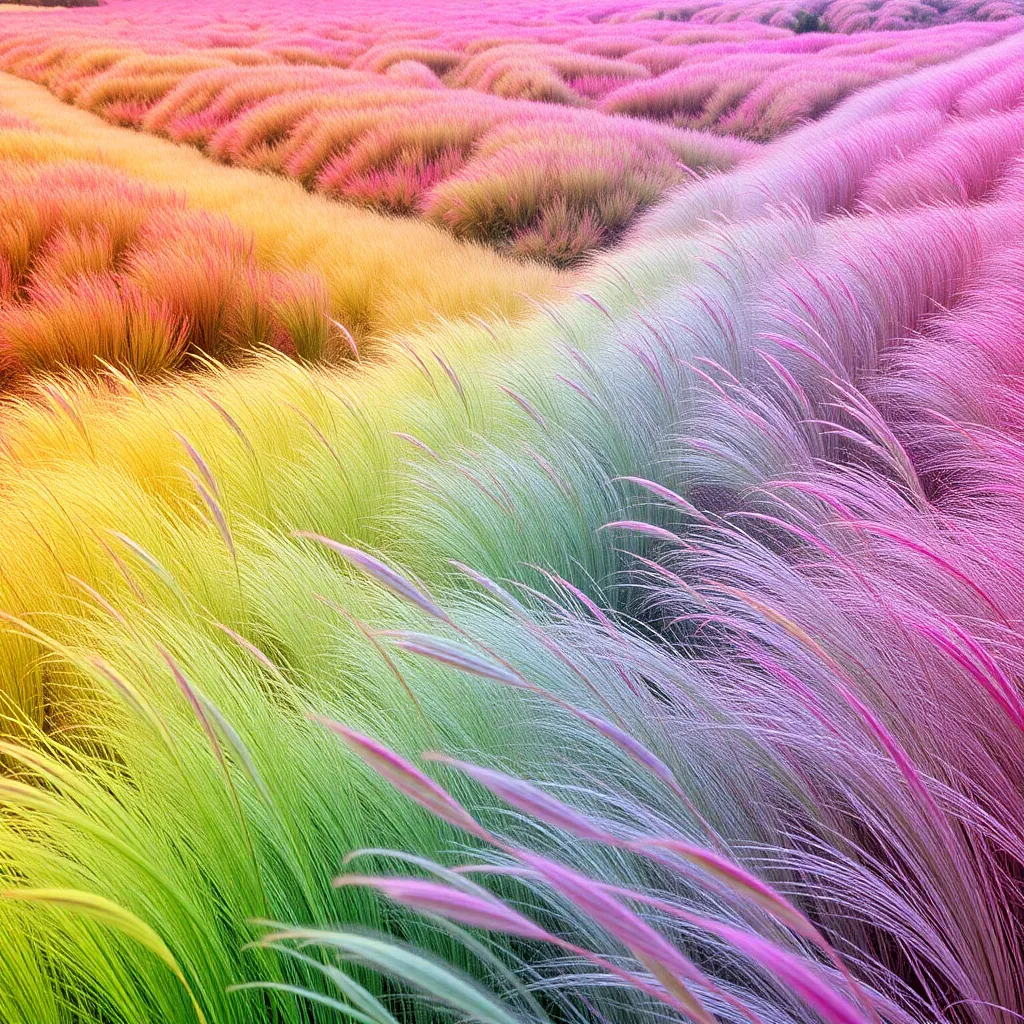 A field of tall, feathery grass in vibrant rainbow colors, blowing in the wind.