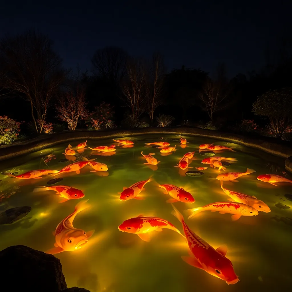 A pond filled with glowing koi fish, seen from above in the dark with lights reflecting on the water.