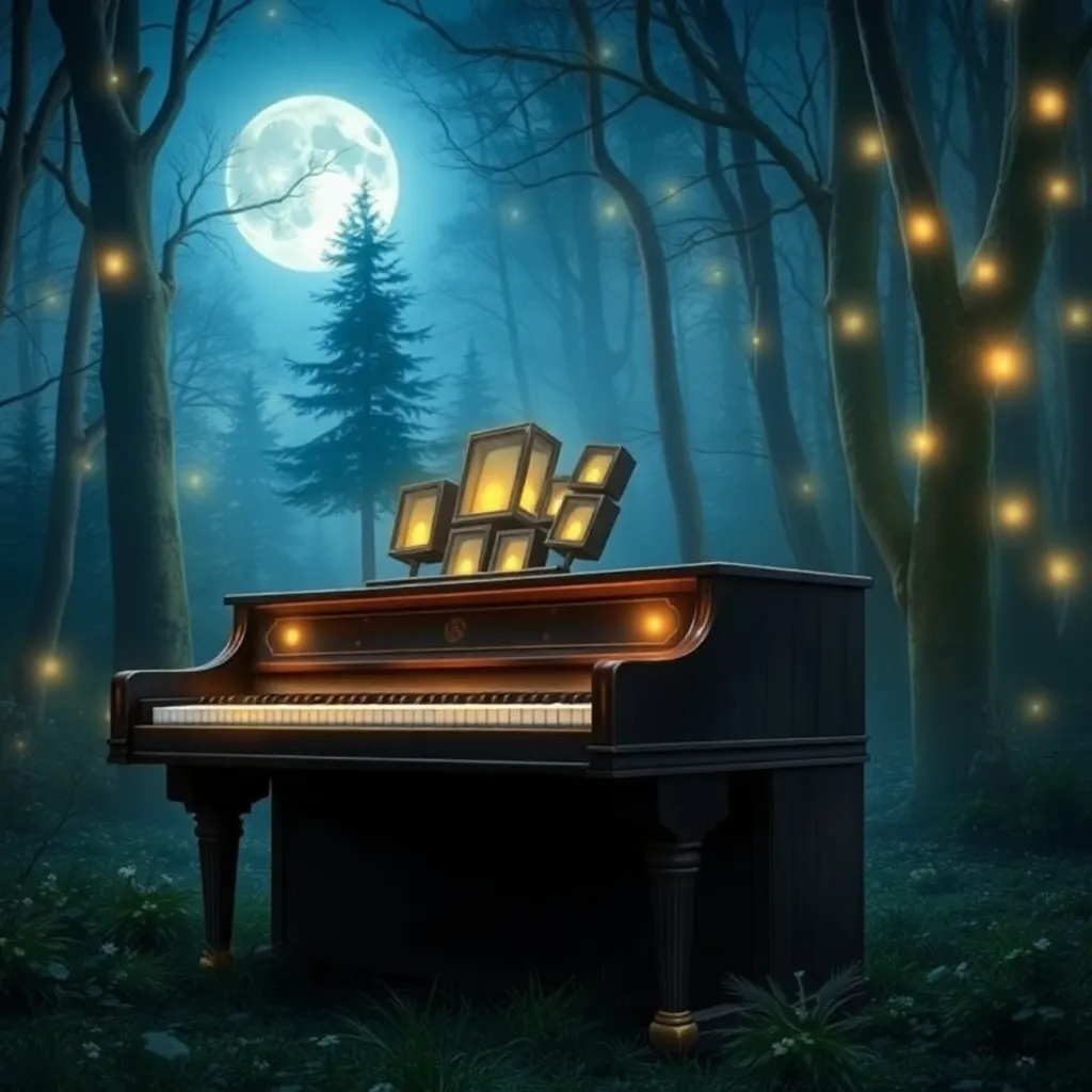 A grand piano sits in a dark forest with a full moon and glowing lights in the trees.