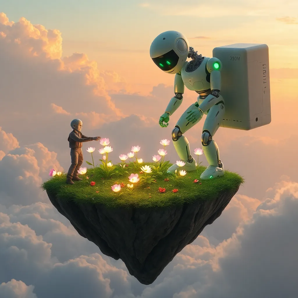 A small, green alien wearing a white spacesuit walks on a floating island above the clouds, carrying a square object.