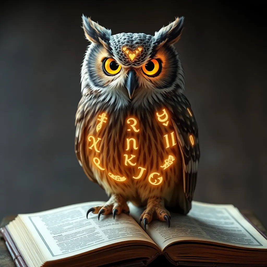 A detailed illustration of an owl perched on an open book, with intricate patterns and glowing lights on its feathers.