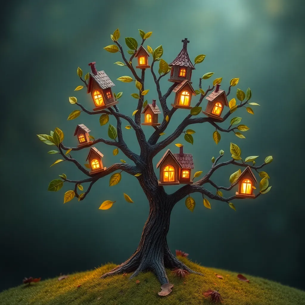 A tree with small, glowing houses built into its branches, nestled in a grassy landscape.