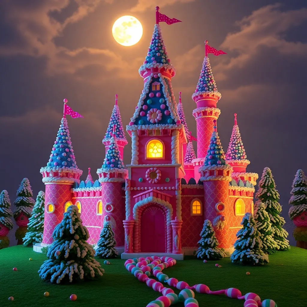 A whimsical castle with brightly colored turrets and flags, set against a full moon and starry sky.