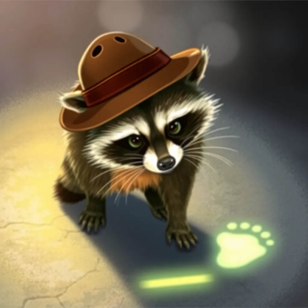 A raccoon wearing a brown hat and looking curiously at a glowing paw print on the ground.