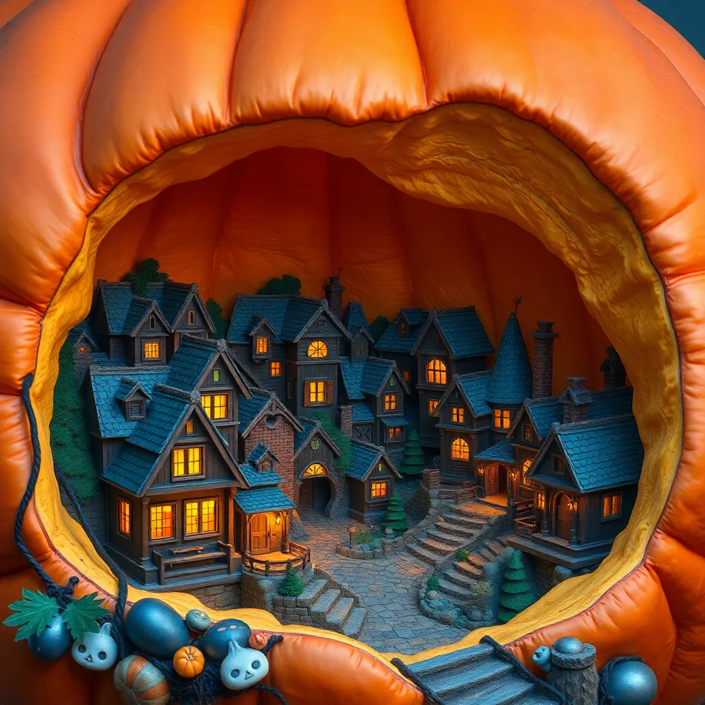 A cozy, miniature village nestled inside a hollowed-out pumpkin.