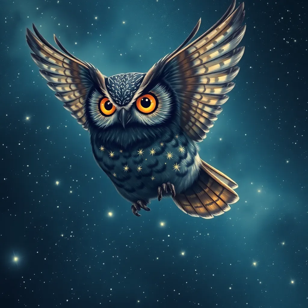 A detailed illustration of an owl in flight against a dark blue background with small white stars.