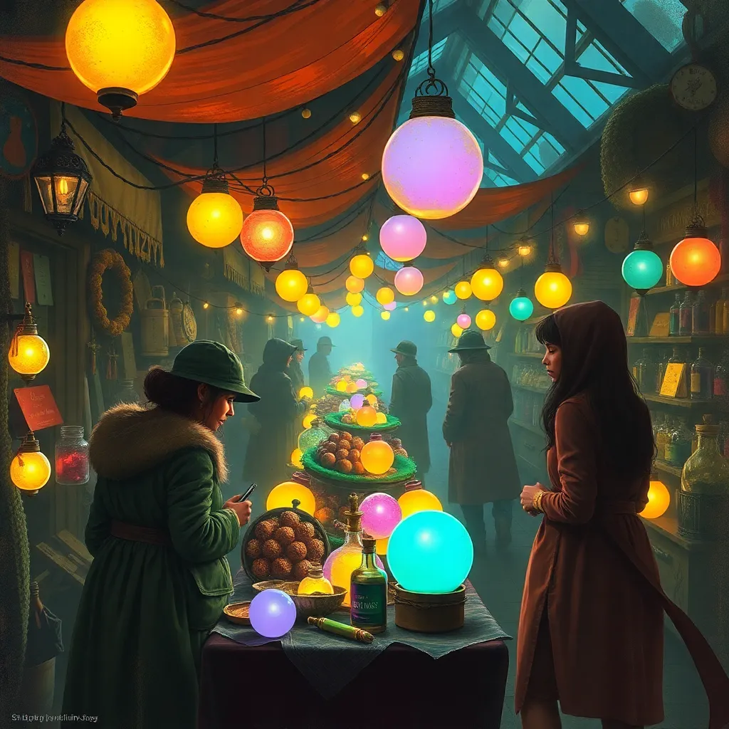 A bustling marketplace scene with people browsing stalls filled with colorful lanterns and glowing orbs.