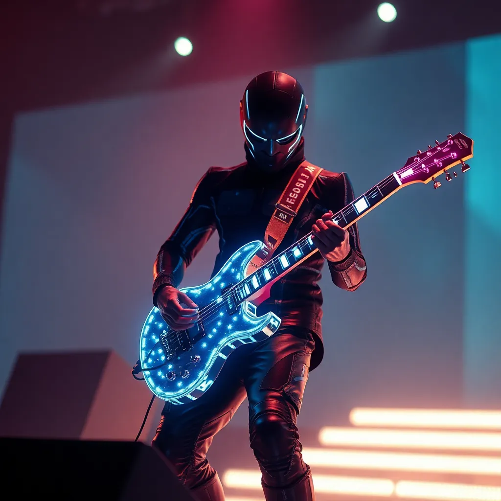 A silhouette of a person playing an electric guitar with glowing blue strings on a stage with bright lights.