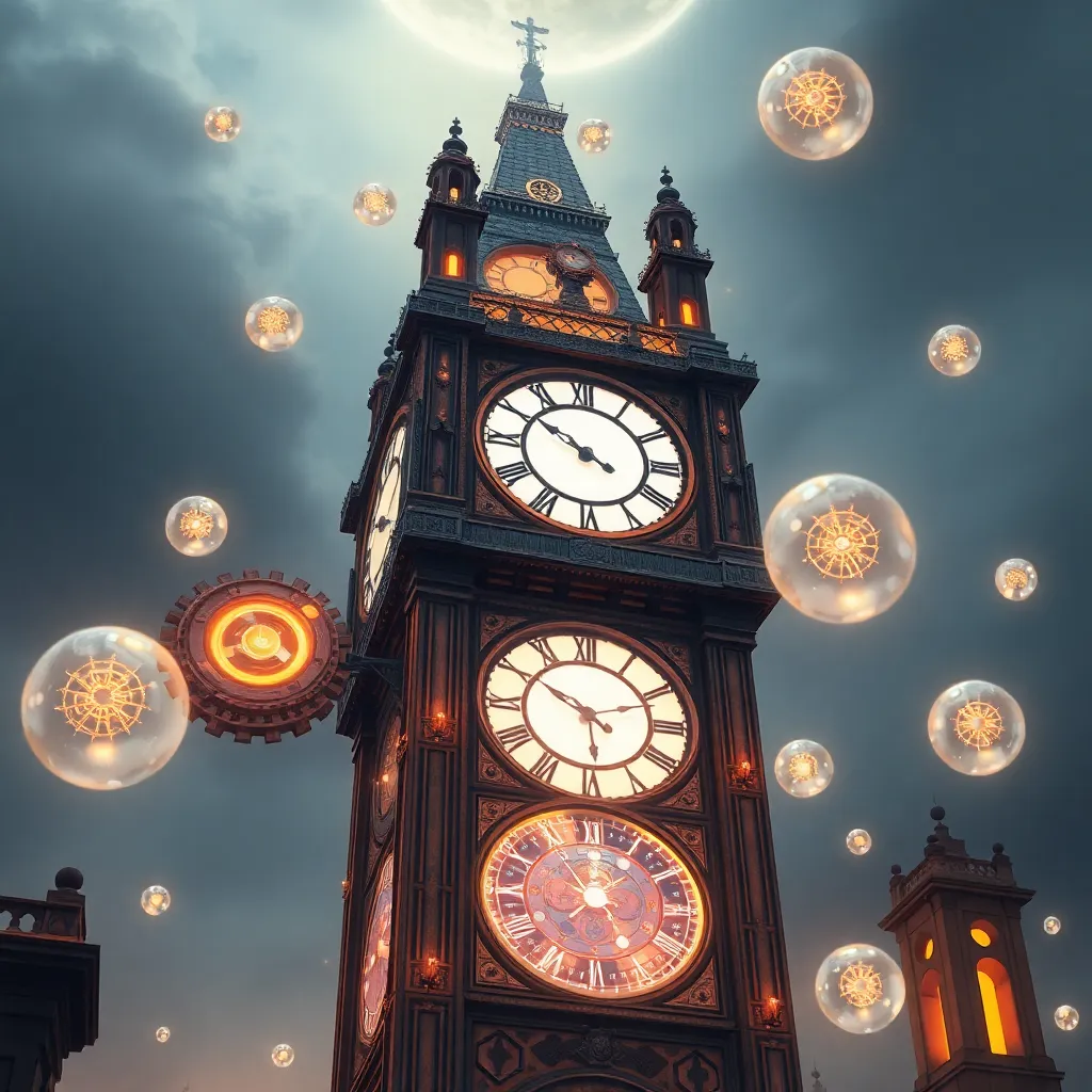 A large clock tower with multiple clock faces, lit up at night with glowing orbs floating around it.