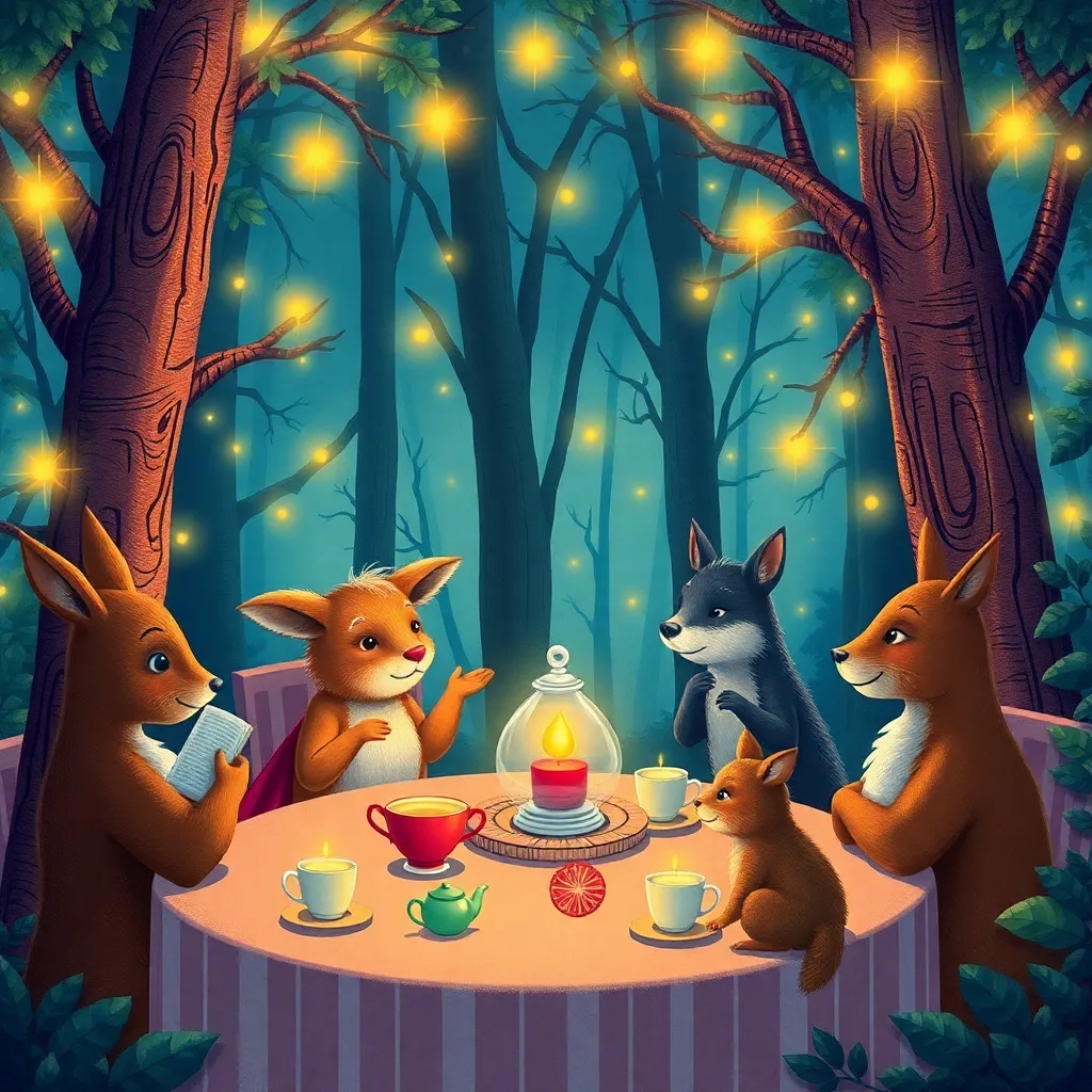 Two squirrels and a rabbit sit at a table in a whimsical forest setting, with glowing lights in the trees.