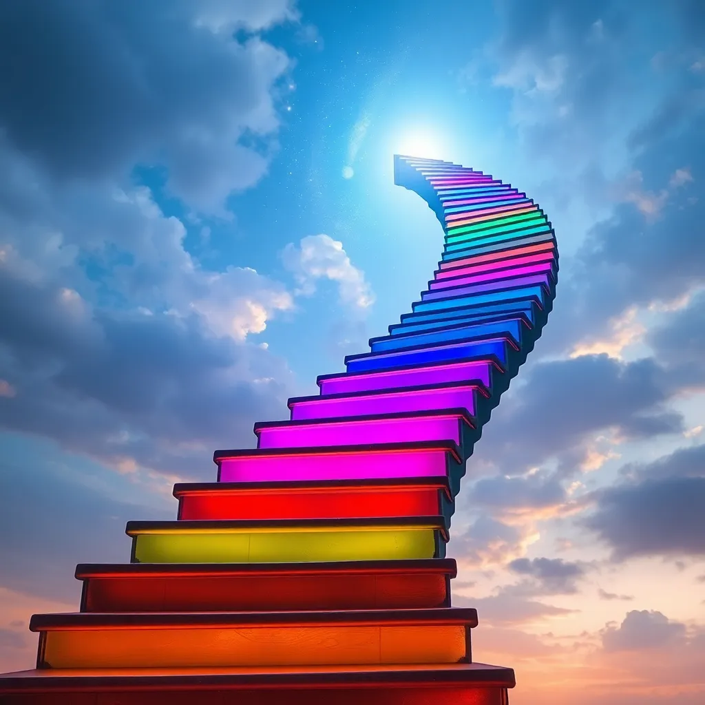 A colorful, winding staircase leading up into a bright blue sky with fluffy clouds.