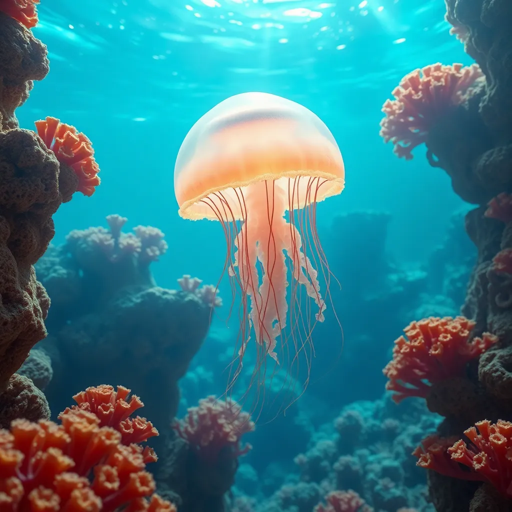 A jellyfish floats in deep blue water amongst colorful coral reefs.