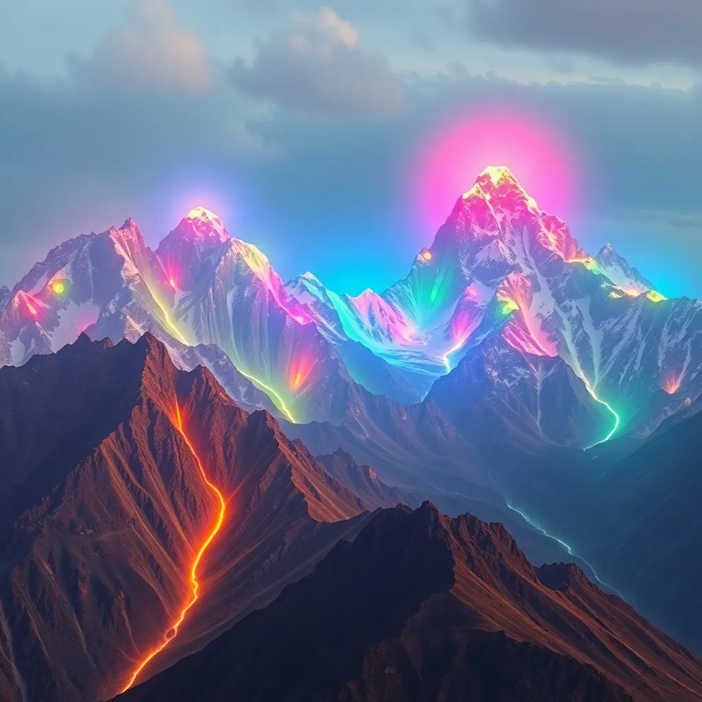 A mountain range with colorful, glowing lava flowing down the sides, against a backdrop of a vibrant, multi-colored sky.