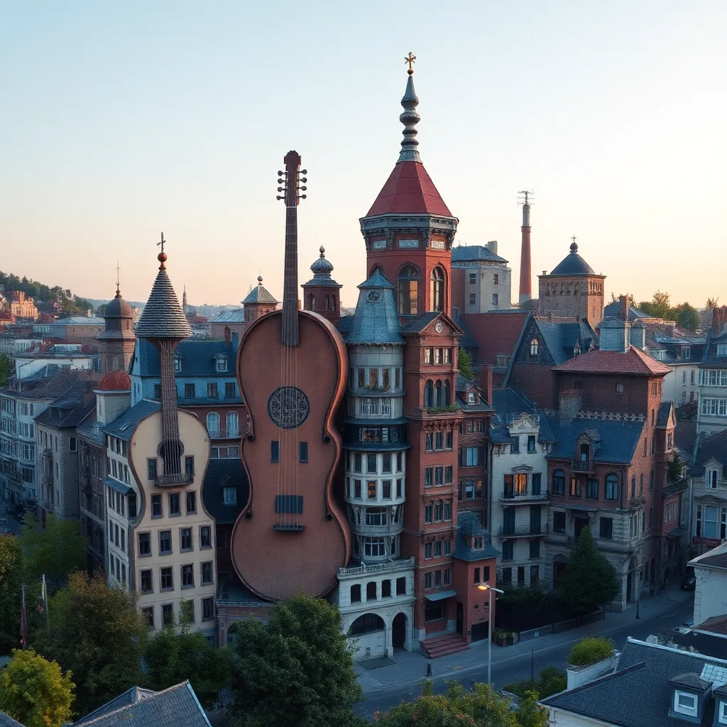 A tall, ornate building with a red roof and intricate details, standing in a European-style city with a clear sky.