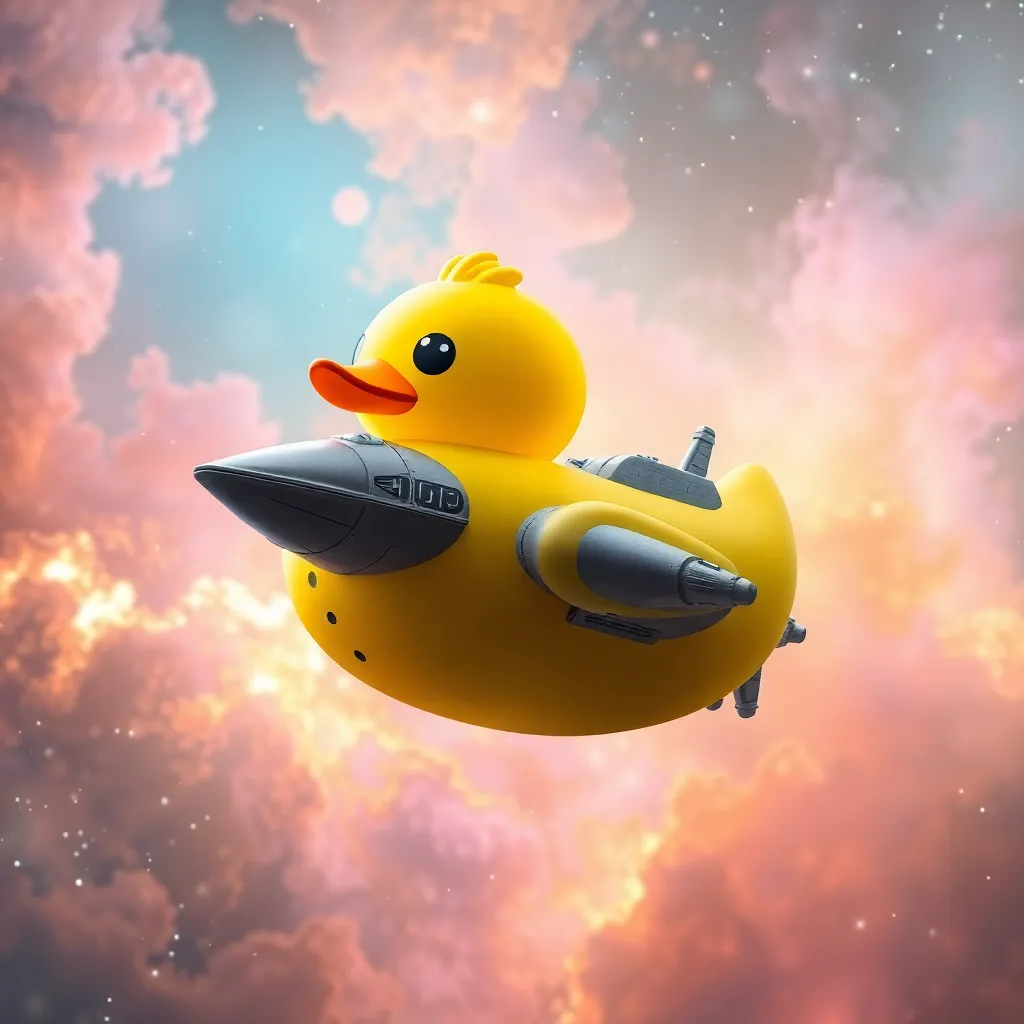 A yellow rubber duck with small wings flies through a colorful, cloudy sky.