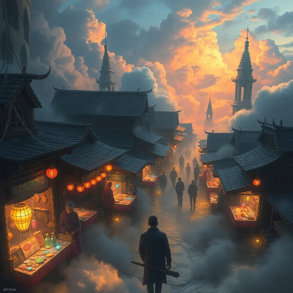 A person in a dark coat walks through a dimly lit, fantastical village with tall, winding buildings and glowing lights.