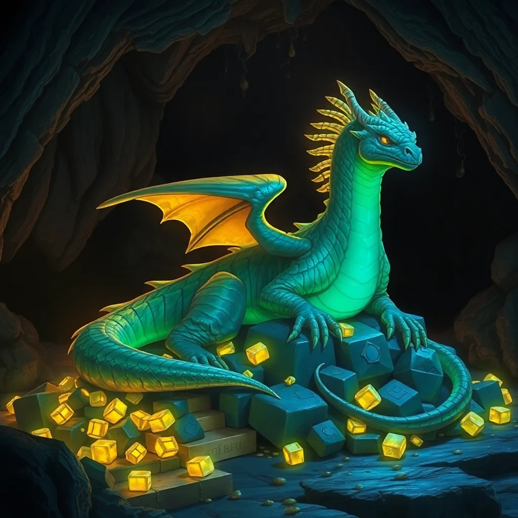 A small, green dragon with yellow wings sits on a pile of glowing orbs in a dark cave.