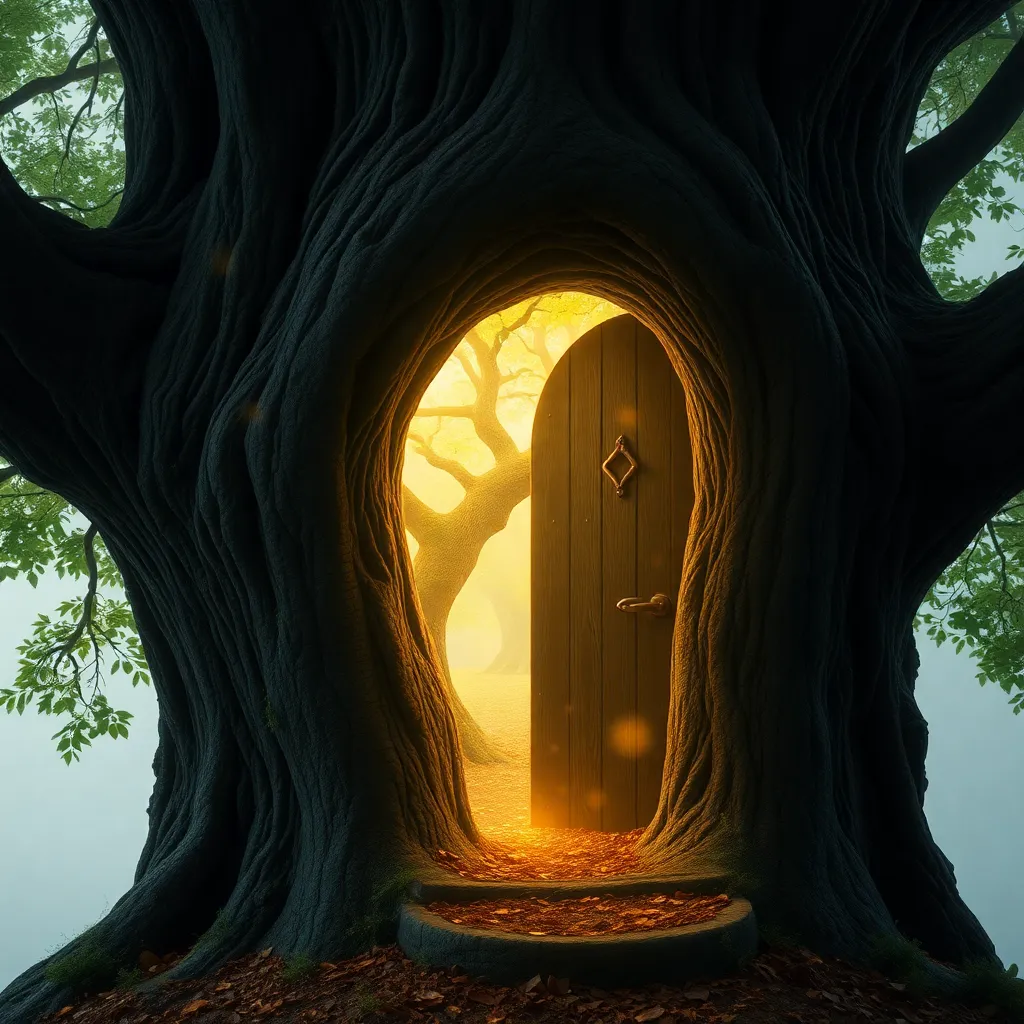 A glowing doorway shaped like a keyhole in the trunk of a large tree.