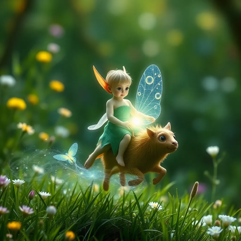 A small fairy with blue wings riding on a furry creature through a field of colorful flowers.