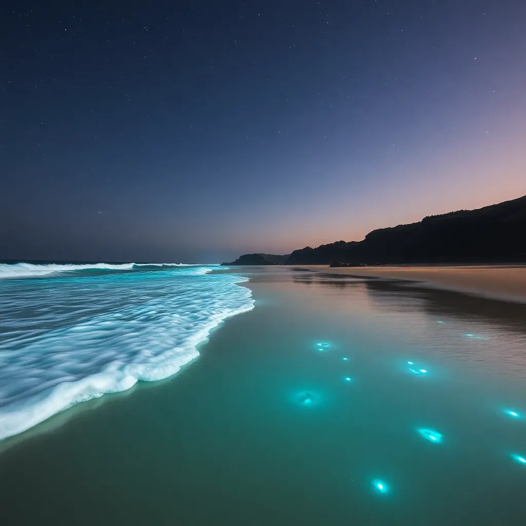 A calm beach scene at dusk with glowing lights scattered on the sand and gentle waves washing ashore.