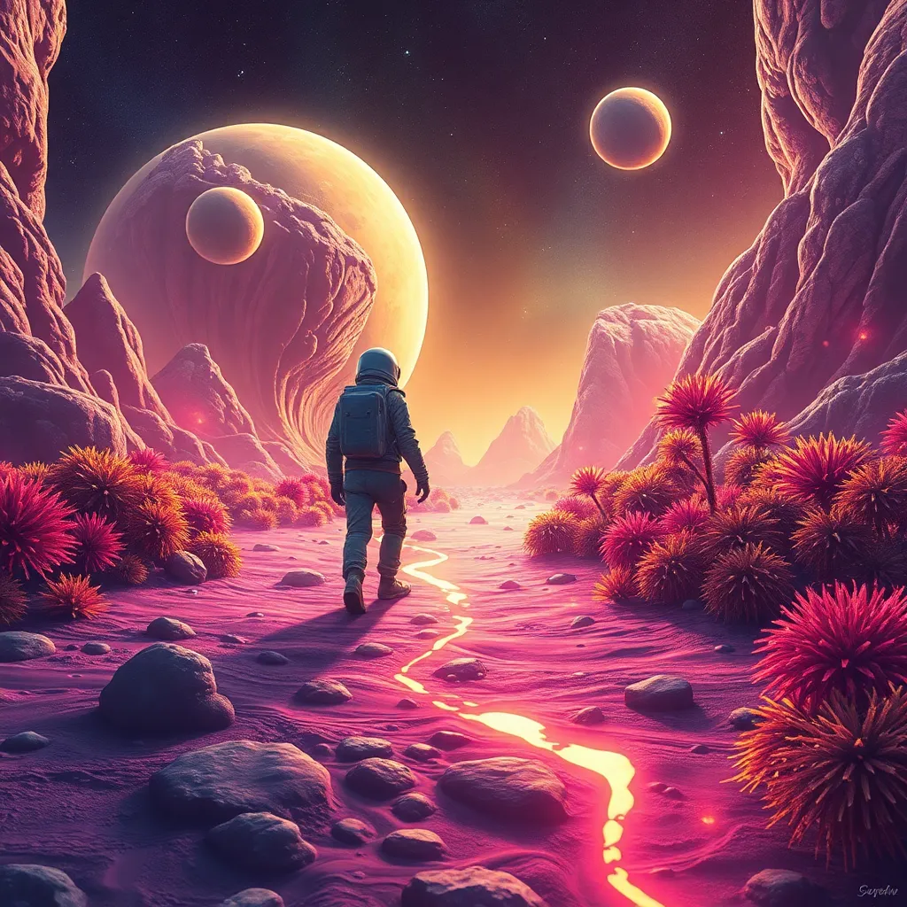 A person walks on a path through a surreal alien landscape with glowing plants and a large planet in the sky.