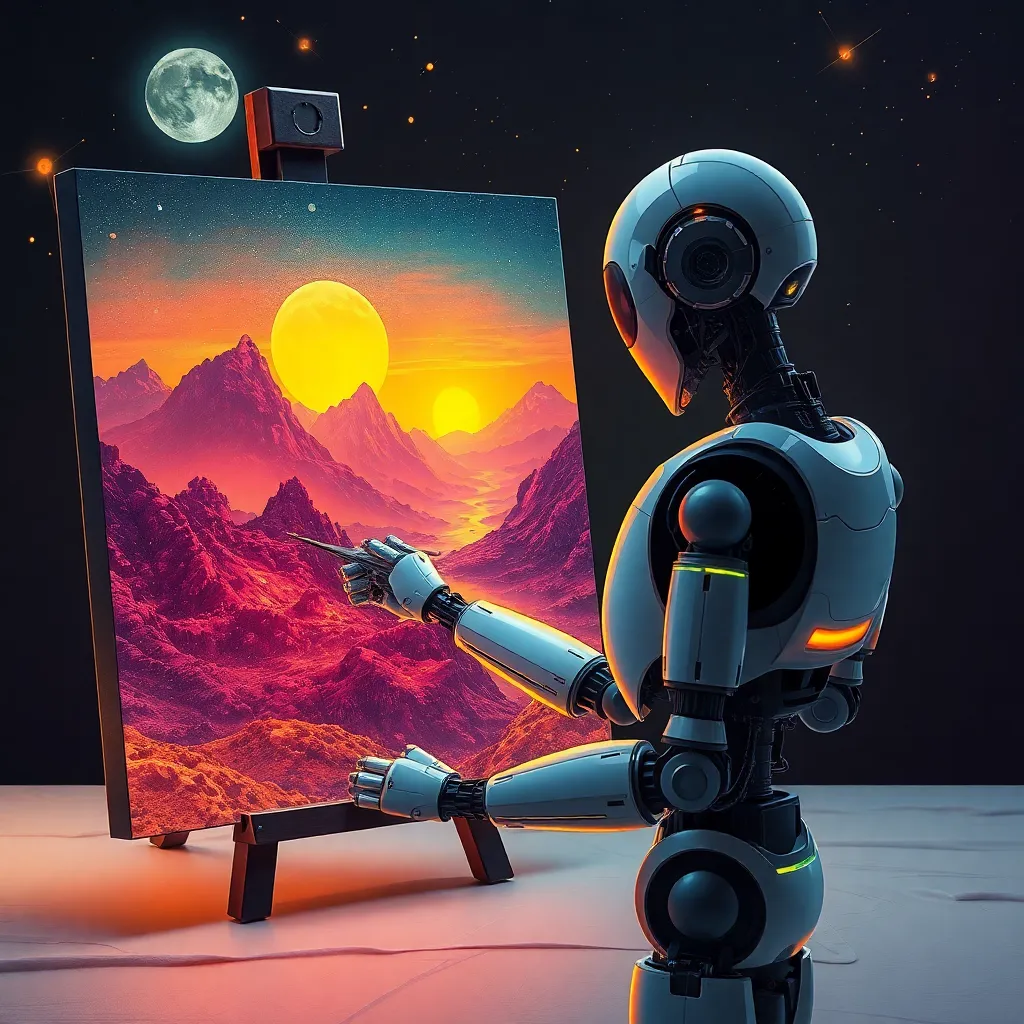 A robot arm holding a paintbrush and painting a landscape on a canvas, with a full moon and starry sky in the background.