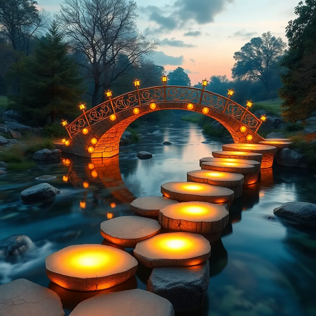 A stone bridge with glowing lights along the railing, spanning a river with stepping stones leading across, at dusk with trees in the background.