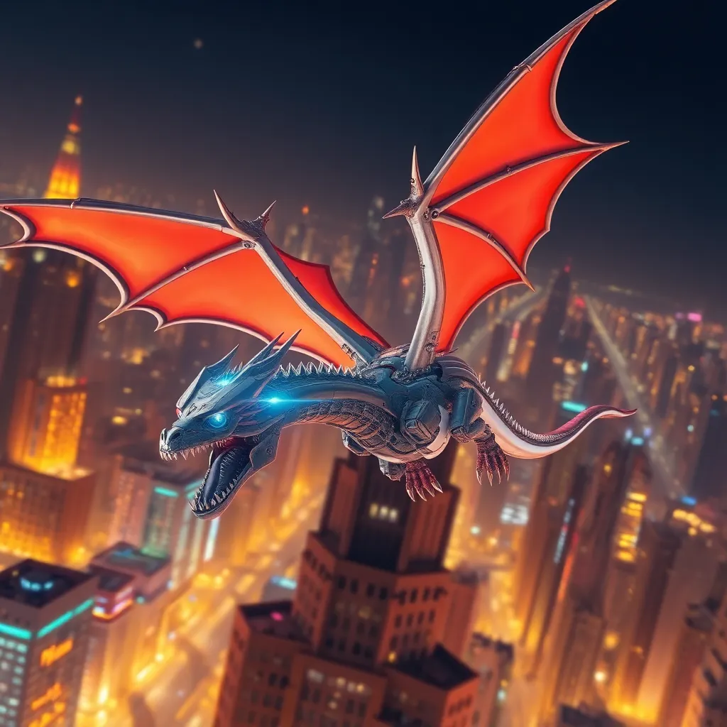 A blue and red dragon with large wings flying over a brightly lit, fantastical cityscape at night.