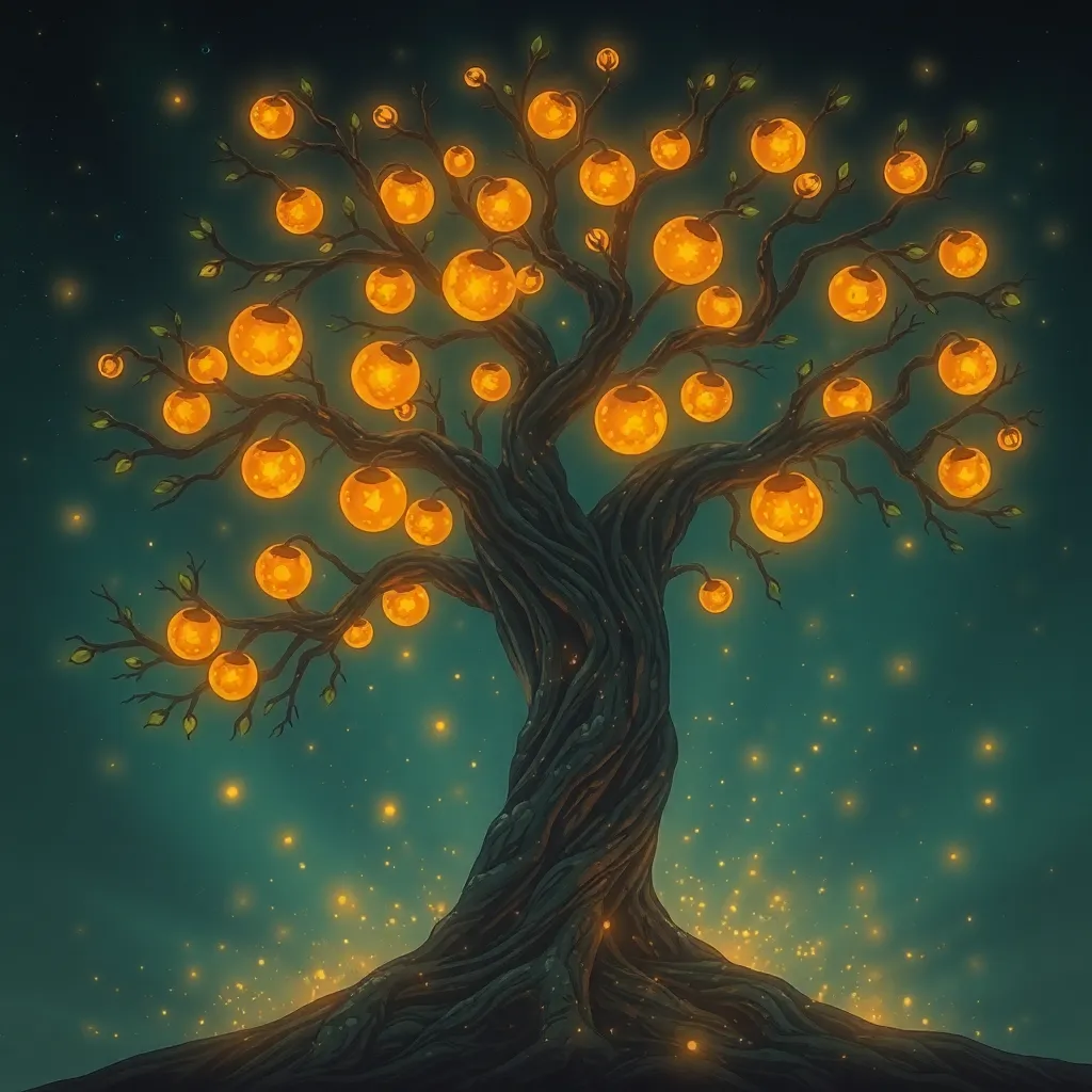 A large tree with glowing orange fruit hanging from its branches, against a dark green background.